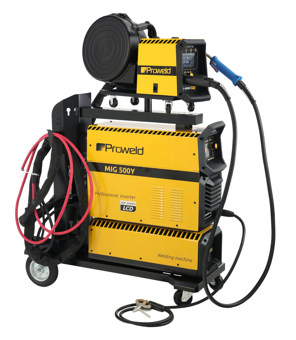 ProWELD MIG 500Y Stație sudură trifazată 500A pentru Oțel, Inox, Aluminiu, Fontă, MIG/MAG sinergic, TIG Lift, MMA + derulator extern, bobină 15kg, LCD dual