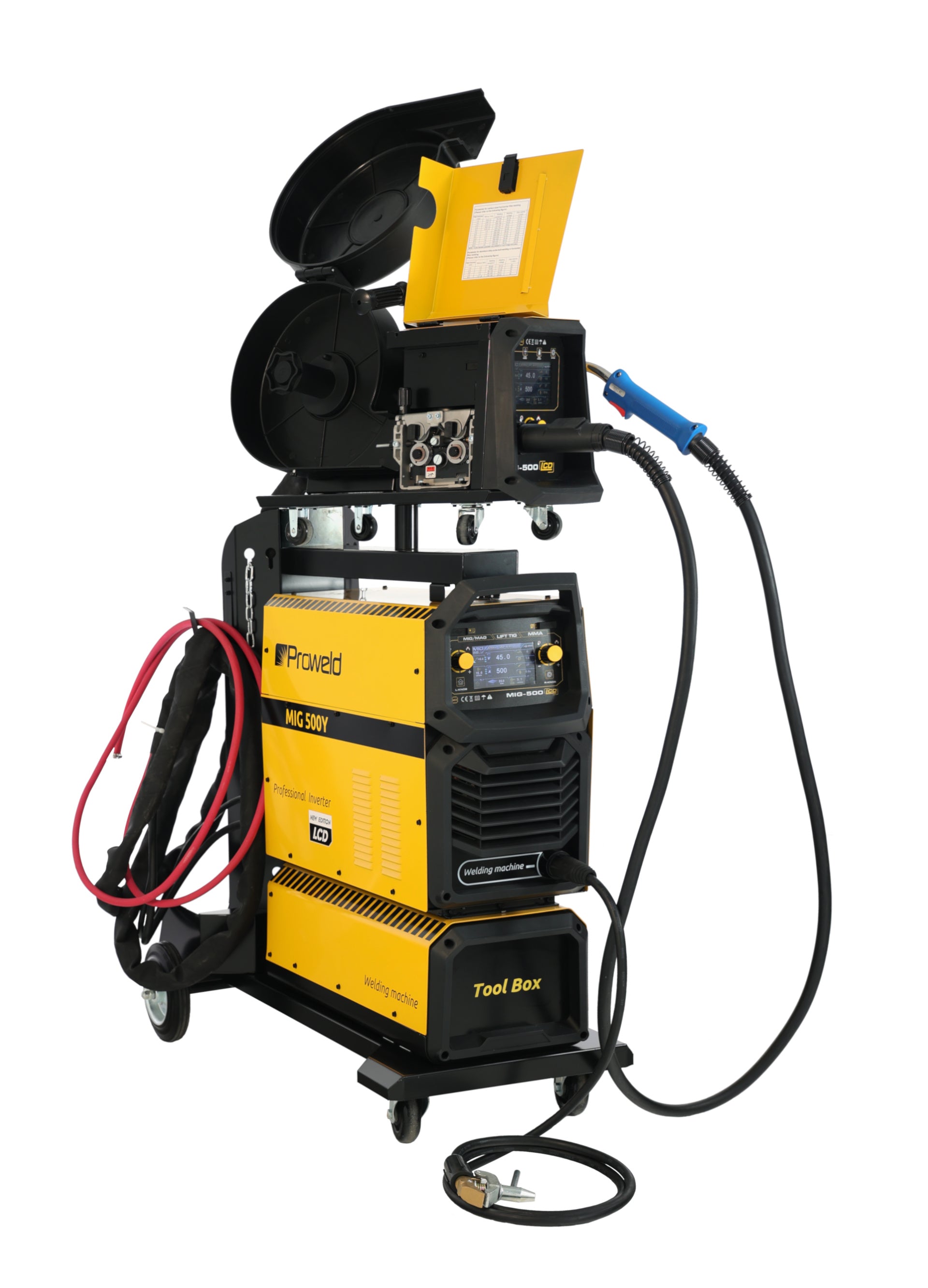 ProWELD MIG 500Y Stație sudură trifazată 500A pentru Oțel, Inox, Aluminiu, Fontă, MIG/MAG sinergic, TIG Lift, MMA + derulator extern, bobină 15kg, LCD dual