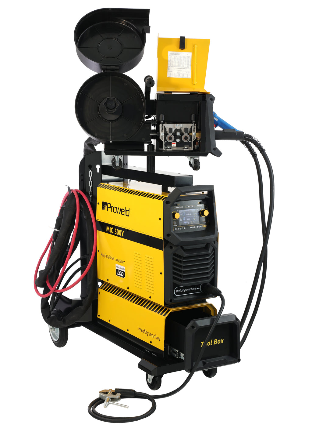 ProWELD MIG 500Y Stație sudură trifazată 500A pentru Oțel, Inox, Aluminiu, Fontă, MIG/MAG sinergic, TIG Lift, MMA + derulator extern, bobină 15kg, LCD dual