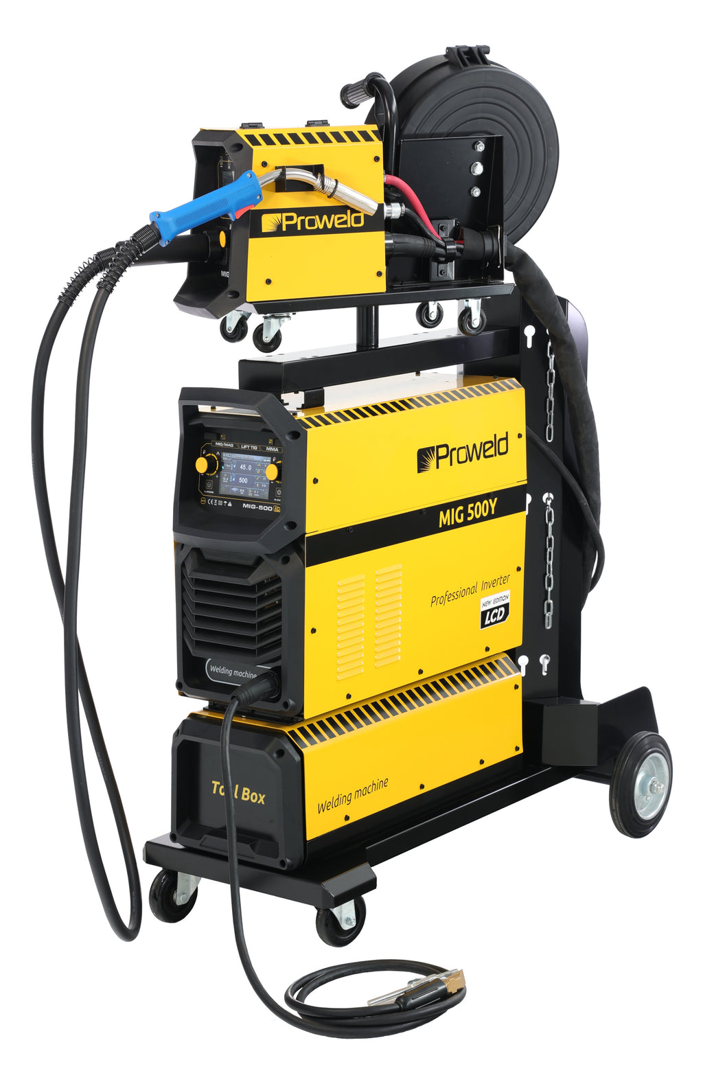 ProWELD MIG 500Y Stație sudură trifazată 500A pentru Oțel, Inox, Aluminiu, Fontă, MIG/MAG sinergic, TIG Lift, MMA + derulator extern, bobină 15kg, LCD dual